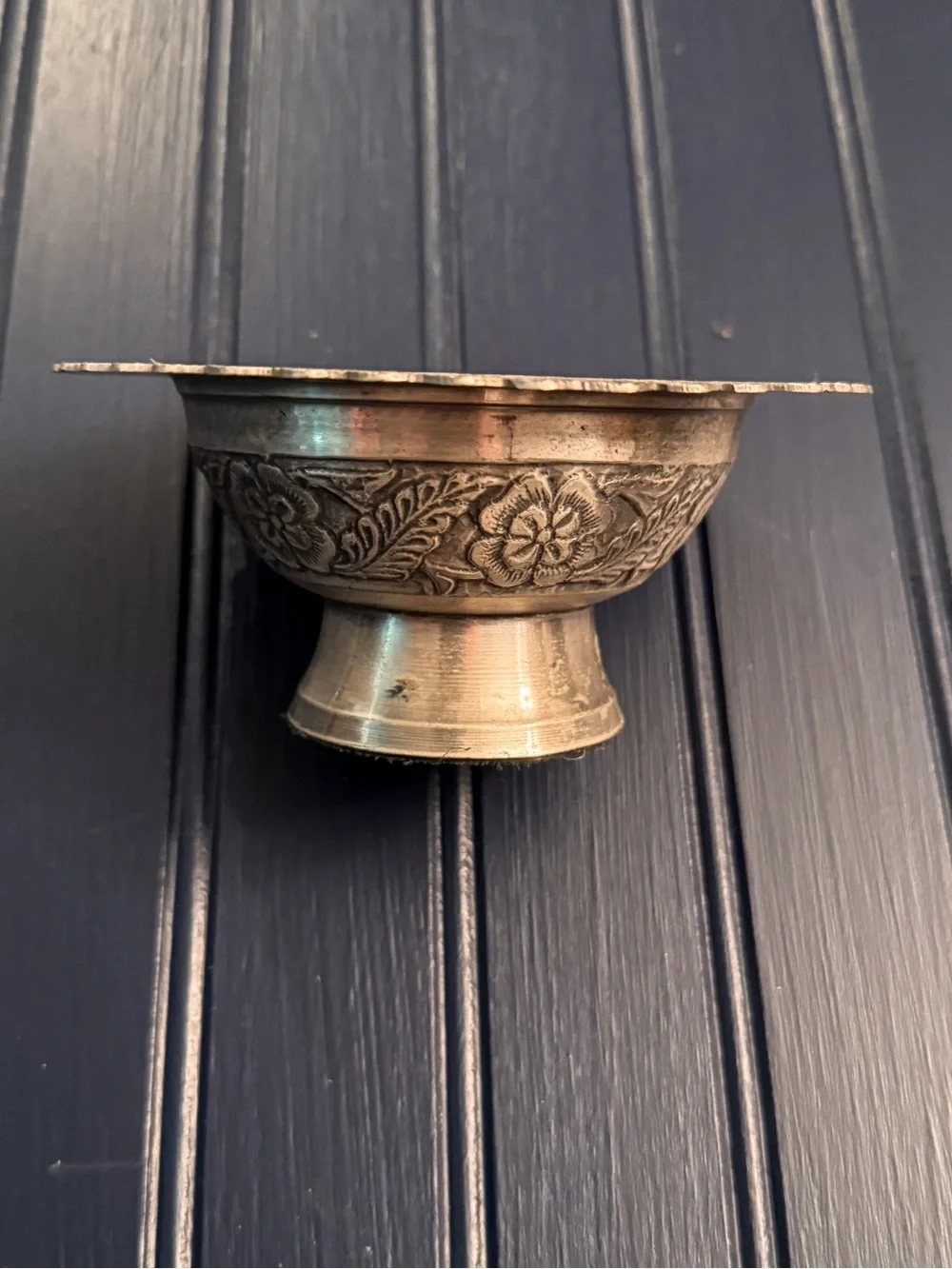 Vintage Silver-Tone Footed Tazza Bowl | Etched Floral Pedestal Dish | Thai/Burme